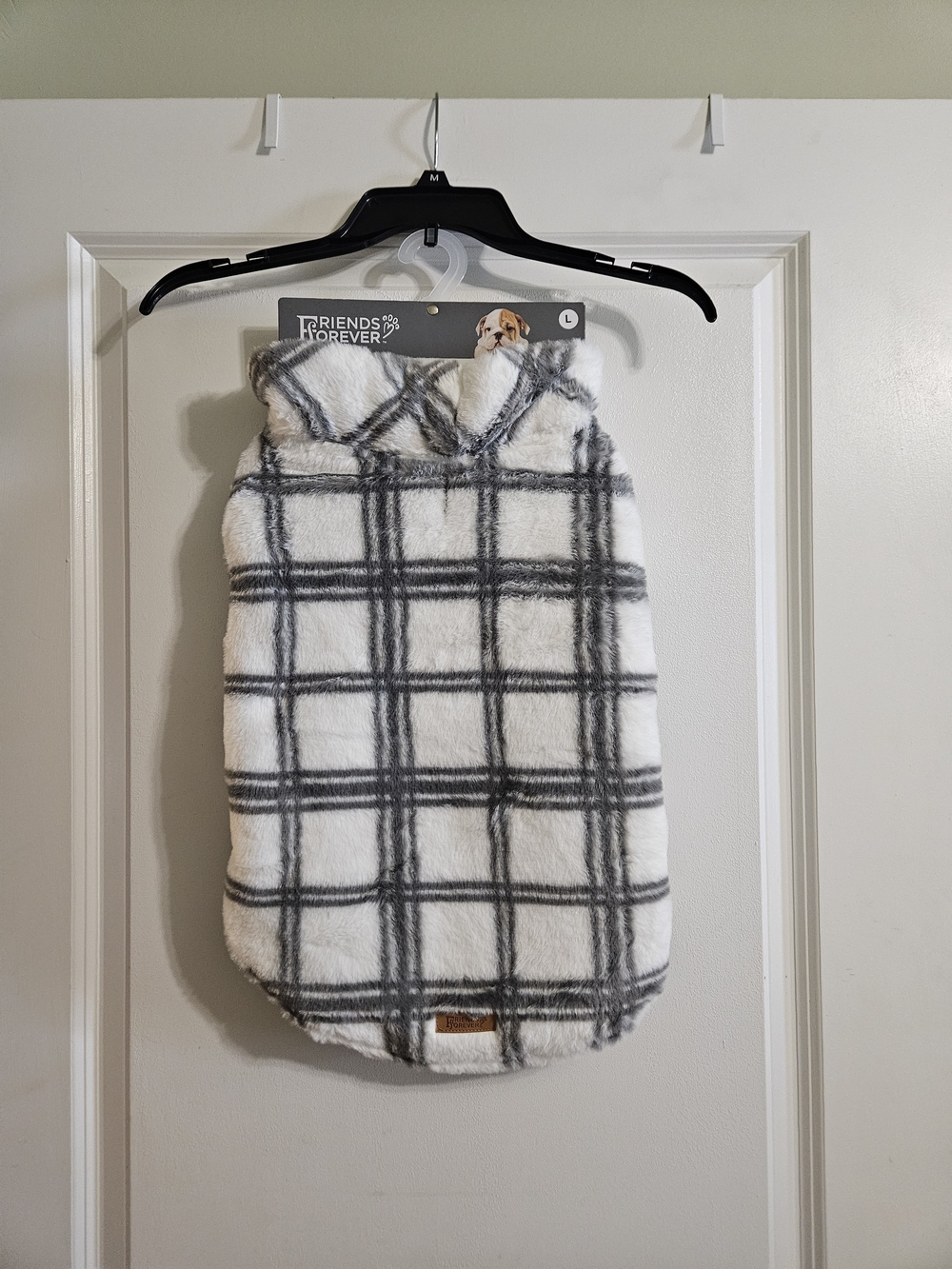 Plaid Fleece Pet Coat in White and Gray, Size L
